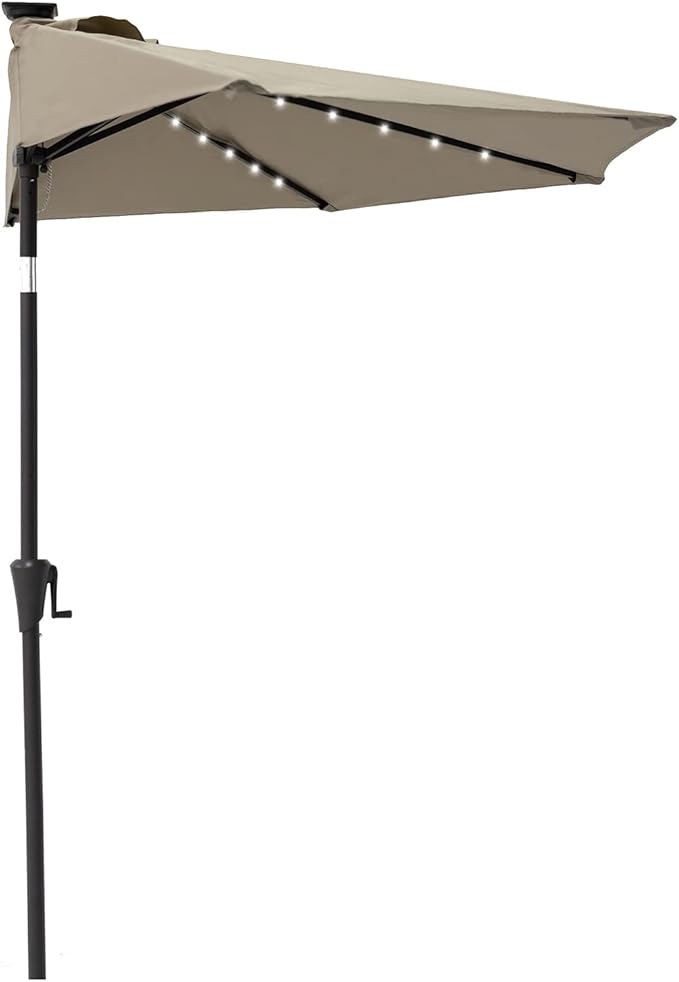 Helios&Hestia 9 ft Small Half Round Solar Powered Wall Outdoor Market Patio Umbrella with LED Lights and Tilt for Garden, Deck, Balcony