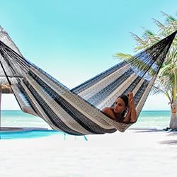NOVICA Black White Striped Nylon Hand Woven Mayan Rope 2 Person XL Hammock, 'Night Stripes' (Double)