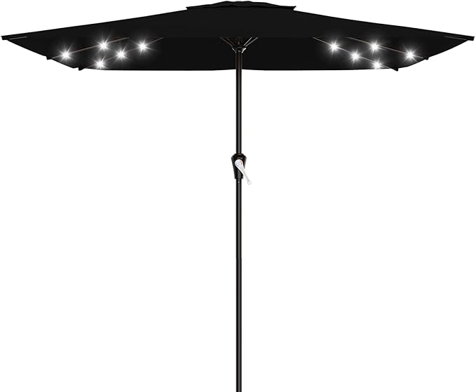 AreShark 8' X 10' Rectangular Patio Umbrella with Solar Lights, Lighted Solar Umbrella with Crank, Outdoor Table Umbrella for Garden, Deck, Backyard, Pool and Beach, Black