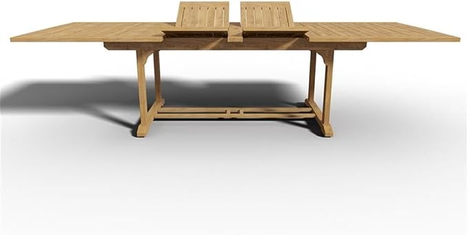 Pemberly Row Teak Outdoor Dining Table, Double Extensions, Natural Hand-Sanded Finish, Premium Durable Wood, Adjustable Length 82.75-118 in, Sturdy Patio Furniture for Backyard BBQ or Family