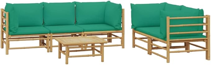 6 Piece Patio Lounge Set with Green Cushions, Patio Conversation Set Sectional Sofa Porch Furniture Set Outdoor Sofa Sets for Garden Piazza Negotiation Area Exhibition Bamboo