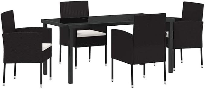 Afuera Living 5 Piece Poly Rattan Garden Dining Set, Black Finish, Tempered Glass Table, Cushioned Chairs, UV-Resistant Rattan, Lightweight Steel Frame, Outdoor Patio Dining Furniture for Garden or