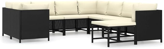 9-Piece Modular Patio Set, Black & Cream PE Rattan 8-Seat Sectional with Washable Cushions, Weather-Resistant for Garden, Balcony, Deck