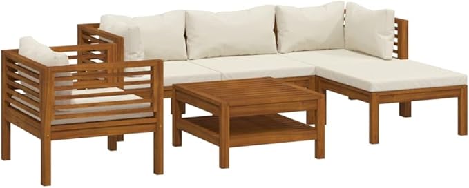 Backyard Furniture Patio Conversation Sets Outdoor Seating 6 Piece Patio Lounge Set with Cream Cushion Solid Acacia Wood Suitable for Swimming Pool, Courtyard, Garden
