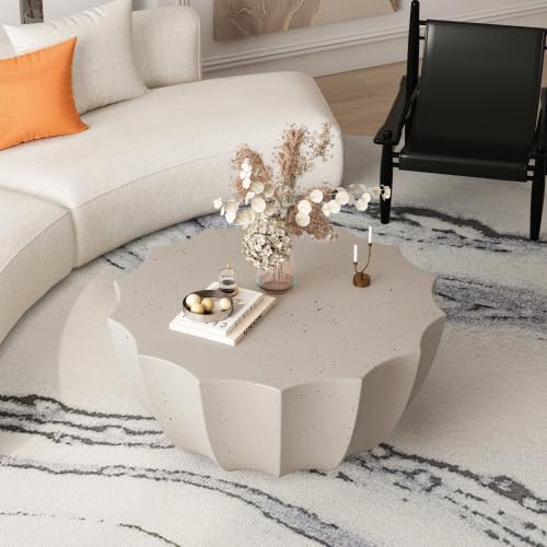 35" Indoor Round Coffee Table, Waterproof Coffee Table Modern MgO Cement Design End Tables for Living Room, Patio Outdoor Coffee Tables for Garden, Backyard, Balcony, White