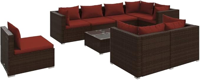 9 Piece Patio Lounge Set with Cushion, Furniture Conversation Sets Outdoor Patio Sectional Patio Lounge Set Piece Patio Set s Poly Rattan Brown