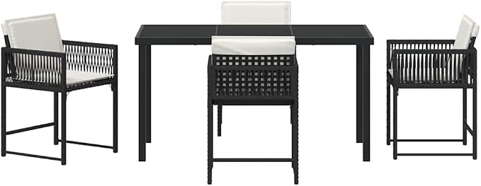 5 Piece Outdoor Dining Set, Black Poly Rattan Patio Table and 4 Chairs, Modern Garden Furniture for Backyard Deck Balcony