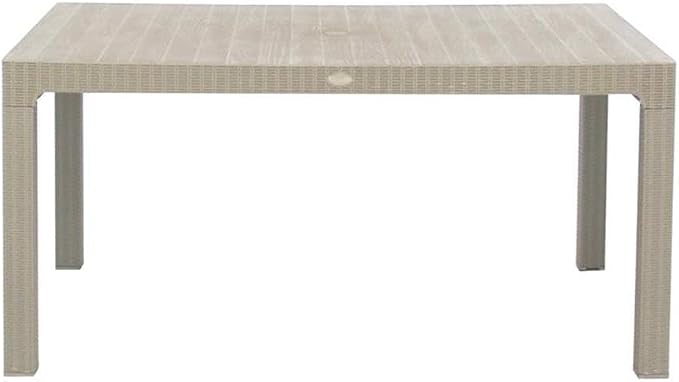 Pemberly Row 7-Piece Patio Dining Set, Gray Faux Rattan and Wood Finish, Durable Plastic, Beige Cushions, Rectangular Table with Umbrella Hole, Foldable and Stackable Armchairs, UV Protected, Outdoor
