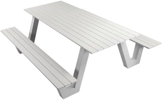 Pemberly Row Contemporary Aluminum Outdoor Picnic Table, White Finish, Durable Low Maintenance Aluminum and Polyresin Frame, Modern Style Patio Dining Table for 10