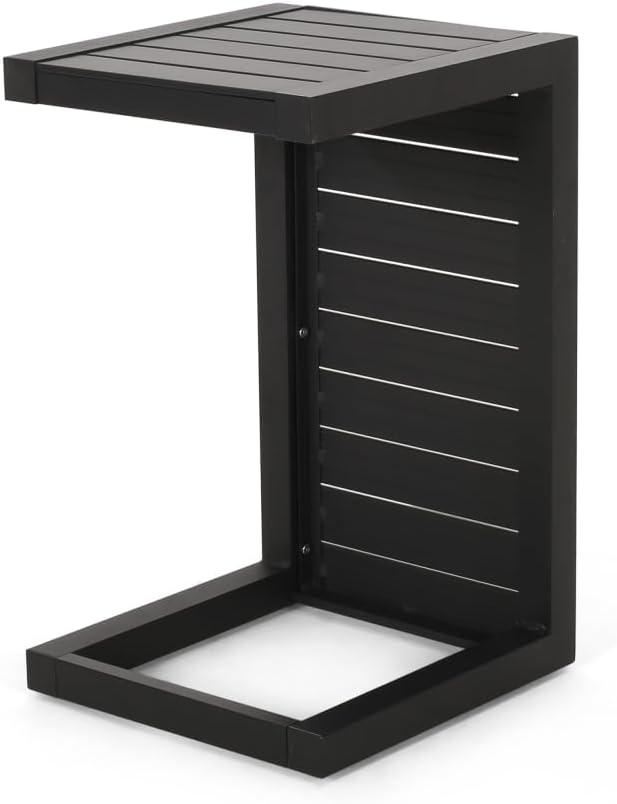 Modern Aluminum C-Shaped Outdoor Side Table for Patio, Poolside, or Garden - Sleek Silver Finish with Space-Saving Design (Black + Aluminium)