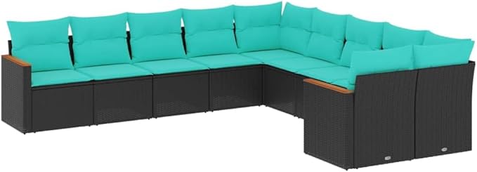 10 Piece Patio Sofa Set with Cushions, Sectional Sofa Patio Conversation Set Outdoor Sofa Sets Outdoor Dining Sets for Exhibition Poolside Piazza Garden Black Poly Rattan