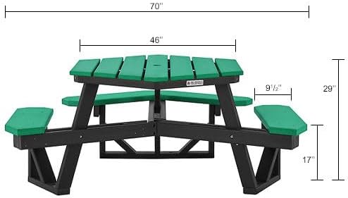 Global Industrial Outdoor 46" Hexagonal ADA Accessible Picnic Table with 3 Attached Benches, Recycled Plastic Construction, 1600 Lbs Weight Capacity, Green