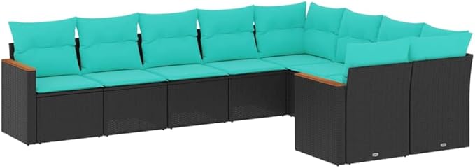 9 Piece Patio Sofa Set with Cushions, Patio Conversation Set Outdoor Sofa Sets Outdoor Dining Sets Porch Furniture Set for Piazza Negotiation Area Poolside Exhibition Black Poly Rattan