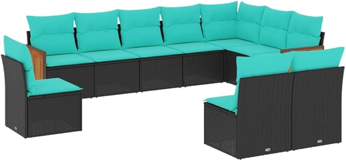 10 Piece Patio Sofa Set with Cushions, Patio Conversation Set Porch Furniture Set Garden Lounge Set Sectional Sofa for Garden Piazza Exhibition Negotiation Area Black Poly Rattan