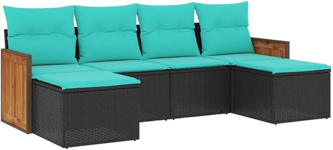 6 Piece Patio Sofa Set with Cushions, Patio Conversation Set Porch Furniture Set Sectional Sofa Front Porch Furniture for Exhibition Piazza Garden Poolside Black Poly Rattan