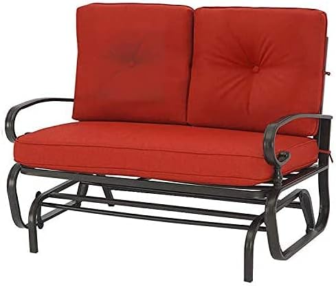 Outdoor Swing Glider Rocking Bench, Garden Loveseat Chair, Patio Steel Frame Chair Wrought Iron Look with Thick Cushion(Red)