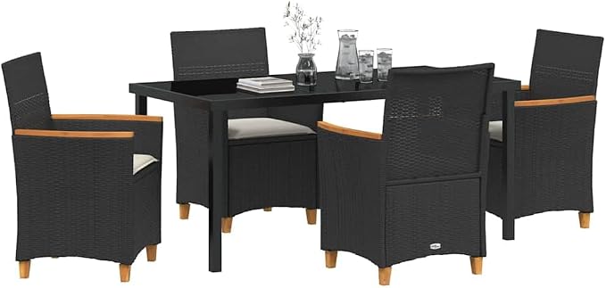 5 Piece Garden Dining Set, Outdoor Patio Furniture with 4 Chairs and Table, Modern Poly Rattan Seating with Cushions and Glass Top, Black