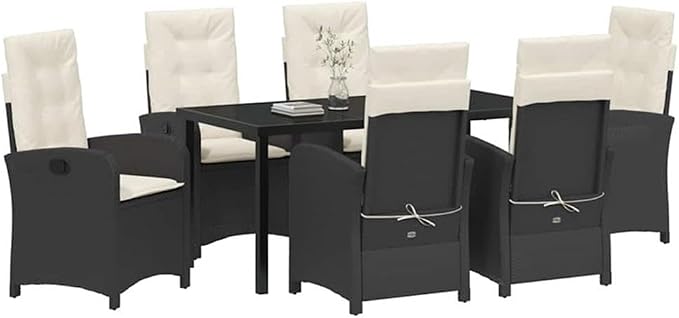 Afuera Living 7-Piece Poly Rattan Patio Dining Set with Cushions, Black Finish, Glass Tabletop, Durable Weather-Resistant Build, Adjustable Backrest, Ergonomic Seating for Outdoor Gatherings or