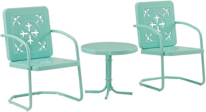 Crosley Furniture Azalea 3-Piece Vintage Outdoor Chair and Side Table Set, Retro Metal Patio Conversation Sets, Aqua Gloss
