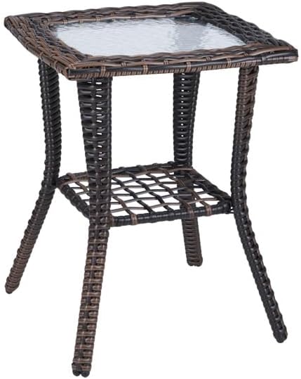 Outdoor Wicker Side Table, Rattan End with Glass Top, Patio Coffee Bistro for Indoor Garden Porch Balcony (Brown)