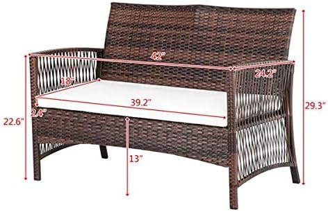 HopeHope 4pcs Patio Conversation Set Guest Chair Outdoor Garden Lawn Pool Rattan Sofa Wicker Furniture Set Coffee Table Bistro Sets Tempered Glass Table