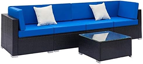 Patio Furniture Brown Rattan Sofa Wicker Sectional Sofa Set Conversation Set Garden Couch Royal Blue Cushion