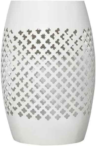 12.5" Steel Outdoor Side Table, Hollow Drum Metal Patio End Table & Ambient Lantern, Decorative Geometric Accent Table for Garden, Balcony and Poolside, No Assembly, White