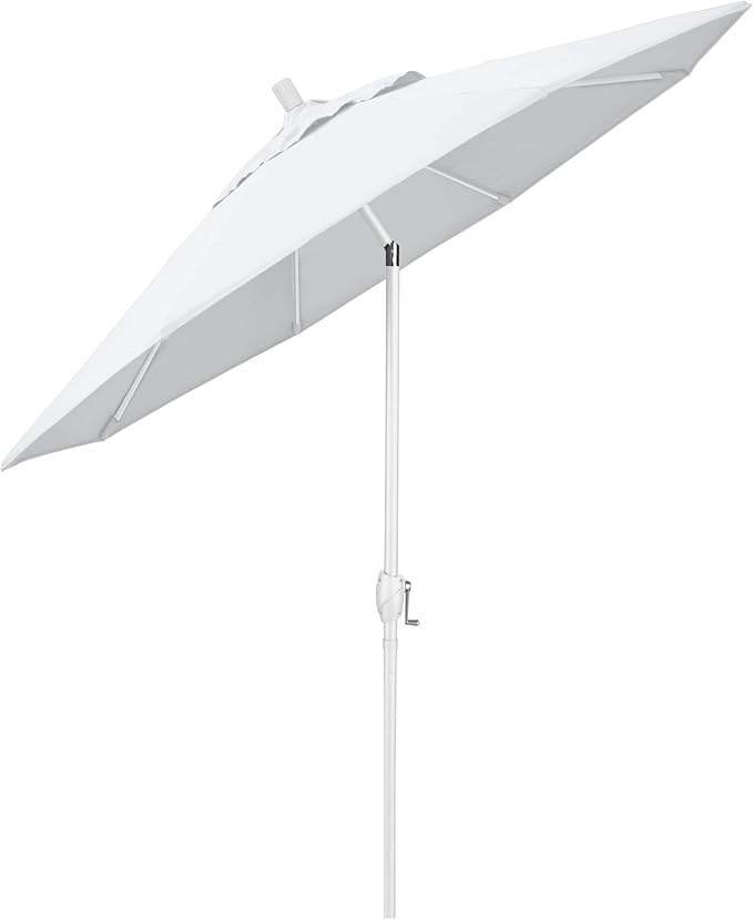 California Umbrella 9' Round Aluminum Market Umbrella, Crank Lift, Push Button Tilt, White Pole, White Olefin