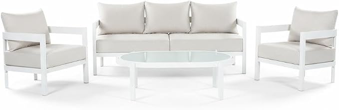 Christopher Knight Home Lula 5-Seater Patio Furniture Set with Coffee Table, 4 Piece Outdoor Conversation Set with Cushion, Aluminum Outdoor Sectional Sofa Set, White+Beige