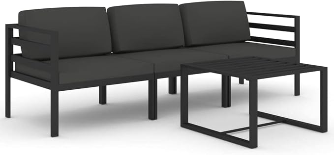 4-Piece Aluminum Garden Lounge Set, Modular Outdoor Patio Sectional Furniture with Matte Anthracite Metal Frame, Includes 1 Table, 3 Seats and Cushions for Balcony Backyard