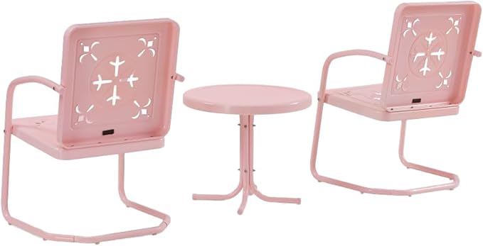 Crosley Furniture Azalea 3-Piece Vintage Outdoor Chair and Side Table Set, Retro Metal Patio Conversation Sets, Pastel Pink Gloss