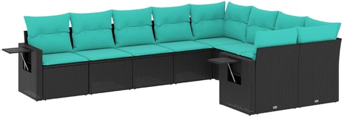 9 Piece Patio Sofa Set with Cushions, Patio Conversation Set Porch Furniture Set Outdoor Dining Sets Front Porch Furniture for Exhibition Garden Negotiation Area Poolside Black Poly Rattan