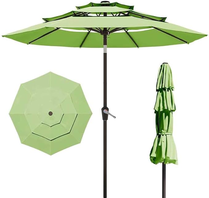 10FT Patio Umbrella 3 Tiers Outdoor Market Umbrella w/Push Button Tilt, Crank, UV and Waterproof Table Umbrella for Garden, Pool, Backyard, Deck, Lawn, Apple Green