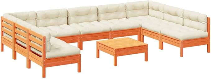 10 Piece Patio Sofa Set with Cushions, Patio Conversation Set Outdoor Dining Sets Sectional Sofa Porch Furniture Set for Piazza Exhibition Garden Poolside Wax Brown Solid Wood Pine
