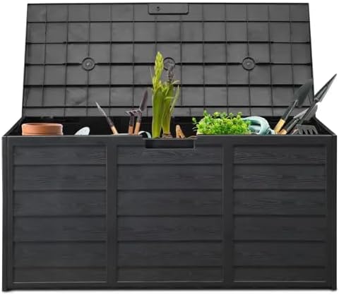 75 Gallon Outdoor Storage Deck Box, 280L Weather Resistant Resin Garden Storage Chest with Lockable Lid and Portable Rollers, Large Patio Box for Furniture Cushions and Tools, Black