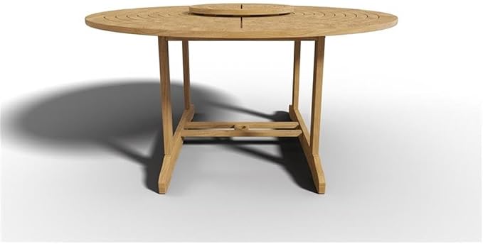 Pemberly Row 59" Round Teak Outdoor Dining Table with Lazy Susan, Natural Finish, Premium Teak Construction, Hand-Sanded, Slated Top, Patio Furniture for Outdoor Dining and Al Fresco Meals