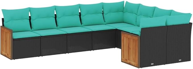 9 Piece Patio Sofa Set with Cushions, Patio Conversation Set Front Porch Furniture Outdoor Dining Sets Porch Furniture Set for Exhibition Piazza Garden Negotiation Area Black Poly Rattan
