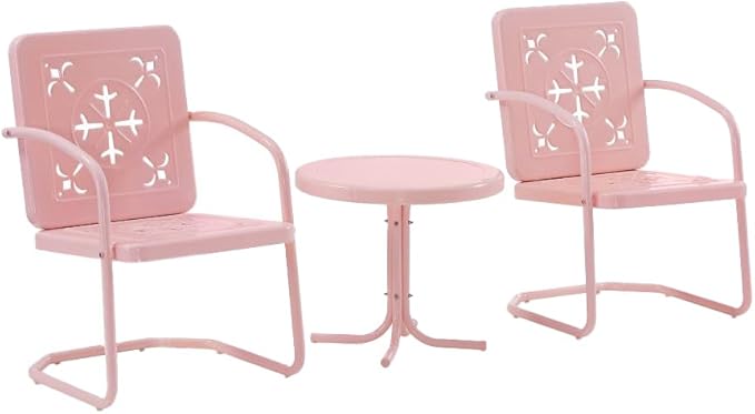 Crosley Furniture Azalea 3-Piece Vintage Outdoor Chair and Side Table Set, Retro Metal Patio Conversation Sets, Pastel Pink Gloss