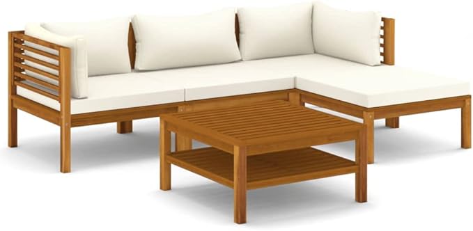 Patio Lounge Set with Cream Cushion,Patio Furniture Sets,Patio Conversation Sets,Outdoor Furniture Sets,for Garden,Backyard,Outdoor,5 Piece Solid Acacia Wood