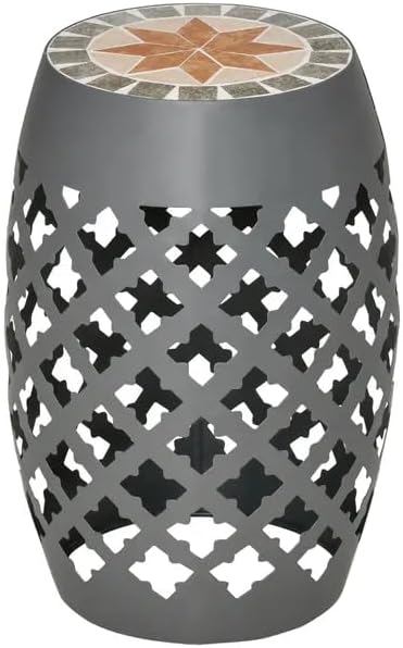 Ceramic Mosaic Outdoor Side Table, 12" Round Garden Stool Hollow Drum Accent End Table, All-Weather Metal Plant Stand Footstool for Patio, Balcony, Living Room, No Assembly