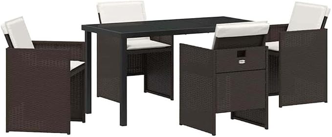 Afuera Living 5 Piece Patio Dining Set, Poly Rattan with Cushions, Brown Finish, Tempered Glass Table, Powder-Coated Steel Legs, Weather-Resistant Outdoor Seating for Gardens, Patios, or Backyard Use