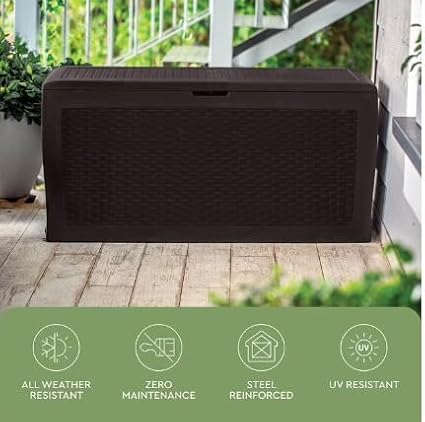 70 Gallon Outdoor Deck Storage Box, Dark Brown, Rattan Style, Lockable Lid, Wheels, All-Weather, 46 x 22.4 x 17.7 in