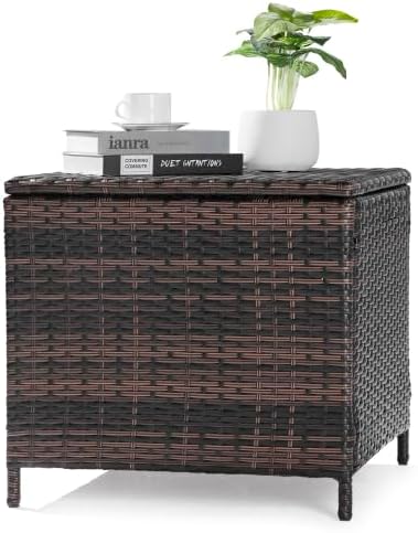 Outdoor Table with Storage, 27 Gallon Wicker Outdoor Storage Box Patio Side Tables for Outside Porch Poolside Deck Garden， Brown
