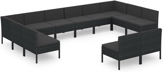 12 Piece Patio Lounge Set with Cushions,Patio Sofa,Outdoor Daybed,Outdoor Furniture Sets,Patio Seating,Patio Conversation Sets,Modern Set,Patio Furniture Set,Front Porch Furniture,Poly Rattan Black