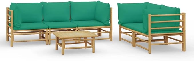 6 Piece Patio Lounge Set with Green Cushions, Patio Conversation Set Sectional Sofa Porch Furniture Set Outdoor Sofa Sets for Garden Piazza Negotiation Area Exhibition Bamboo