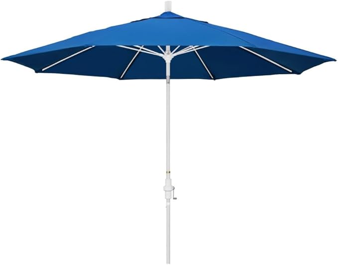California Umbrella 11' Round Fiberglass Rib Market Umbrella, Crank Lift, Collar Tilt, Pacific Blue, White Pole (GSCUF118170-SA01-DWV)