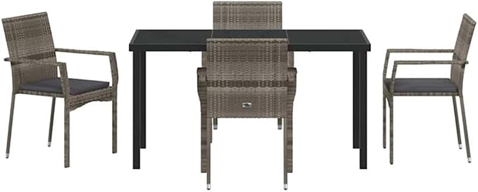 Afuera Living 5 Piece Poly Rattan Garden Dining Set, Gray Cushions, Tempered Glass Tabletop, Powder-Coated Steel Frame, Modern Outdoor Furniture for Patio or Garden, Seating Capacity 4,