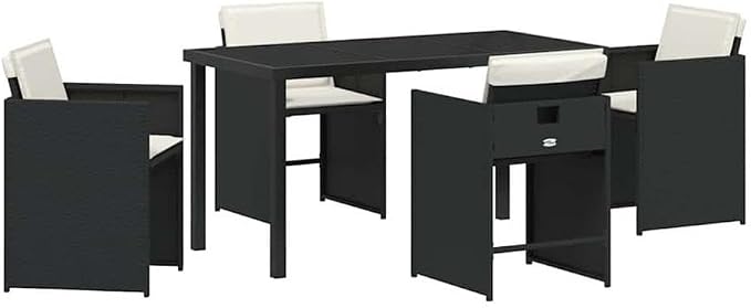 Afuera Living 5 Piece Patio Dining Set, Black Poly Rattan with Cushions, Powder-Coated Steel Frame, Tempered Glass Tabletop, UV Resistant, Weatherproof Outdoor Furniture for Garden or Patio