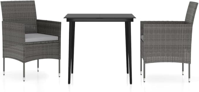 3 Piece Garden Dining Set Modern Black and Gray PE Rattan Patio Bistro Set with Square Table and 2 Chairs Cushioned Outdoor Conversation Furniture Set for Balcony Backyard