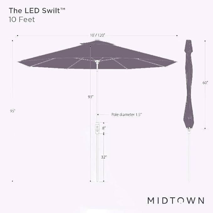 Midtown Umbrellas The LED Swilt 10 Feet Patio Umbrella With Terylast Pear Stripes (Green/White) Polyester Fabric - Auto-Tilt Aluminum Frame w/LED Lights For Backyard, Deck, Garden, Pool - Black Pole